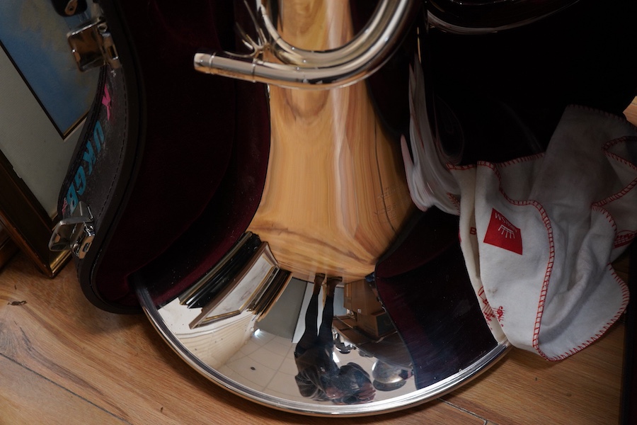 A cased Besson Sovereign tuba, together with three mouthpieces; an Alliance H2, and two by Denis Wick, London